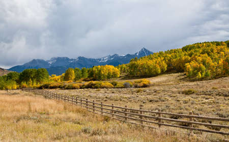 A fence runs along a Colorado highway in the San Juan Mountains near Dallas Divideの写真素材