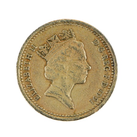 UK one pound coin isolated on white backgroundの写真素材