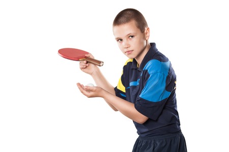 Portrait Of Kid Playing Tennis On Isolated white Backgroundの写真素材