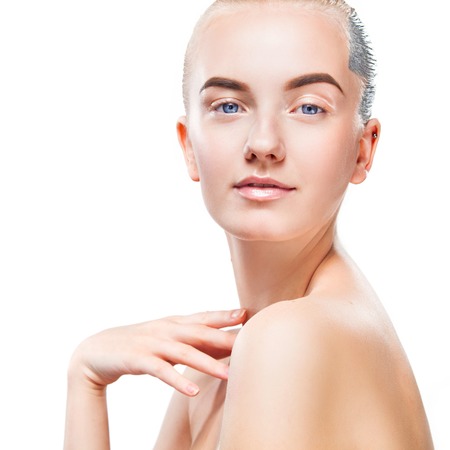 Close-up portrait of sexy blonde girl with makeup. Beautiful model, silver hairstyle. isolated on white background. For cosmetics advertisment.の写真素材