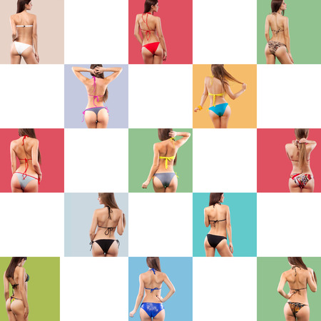 Collage of sexy yang girls standing on a solid color background in bikini, photo for the summer ads banner and body care.の写真素材
