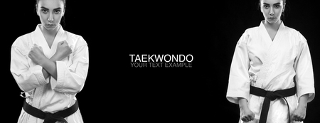 Portrait of sporty karate and taekwondo woman in white kimono with black belt on dark background.の写真素材