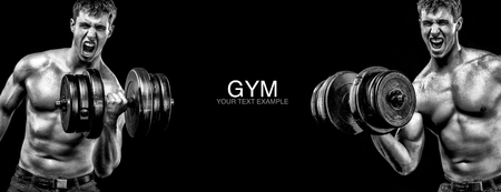 Sporty and fit man with dumbbell exercising at black background to stay fit. Workout and fitness motivation.の写真素材