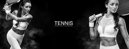 Sport concept. Sports woman tennis player with a racket. Copy space. Black and white photo. Tennis poster.の写真素材