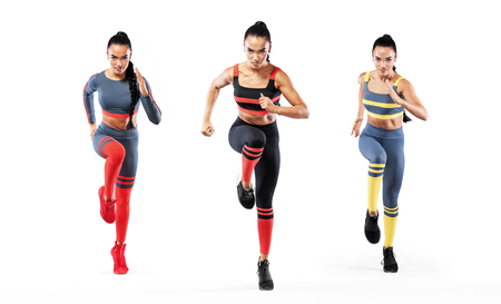 Collage of a strong athletic, women sprinter, running wearing in the sportswear, fitness and sport motivation. Runner concept with copy space. Dynamic movement isolated on white background.の写真素材