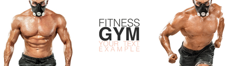 Fitness banner or poster. Brutal strong muscular bodybuilder athletic man pumping up muscles on white background. Workout bodybuilding concept. Copy space for sport nutrition ads.の写真素材