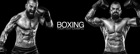 Sportsman, athlete muay thai boxer fighting. Boxing isolated on black background. Copy Space. Sport concept.の写真素材