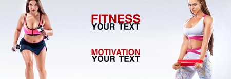 Fitness women athlete with dumbbells and bands. Template, banner or poster for sport ads. White background.の写真素材