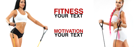 Fitness women athlete with expander. Template, banner or poster for sport ads. White background.の写真素材