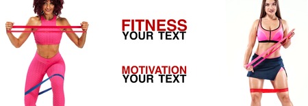 Fitness women athlete with bands or expander. Template, banner or poster for sport ads. White background.の写真素材