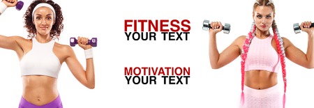 Fitness women athlete with dumbbells. Template, banner or poster for sport ads. White background.の写真素材