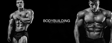 Sport wallpaper and motivation concept. Strong athletic bodybuilder at gym on black background. Fitness and bodybuilding nutrition ad poster.の写真素材