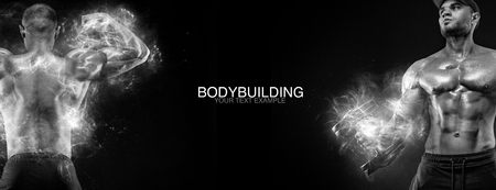 Sport wallpaper and motivation concept. Strong athletic bodybuilder at gym on black background. Fitness and bodybuilding nutrition ad poster.の写真素材