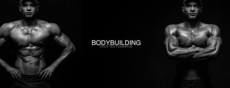 Sport wallpaper and motivation concept. Strong athletic bodybuilder at gym on black background. Fitness and bodybuilding nutrition ad poster.の写真素材