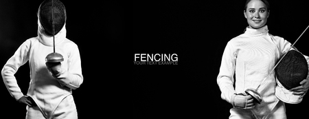Young fencer athlete wearing fencing costume holding epee and mask. Black background with copy space.の写真素材