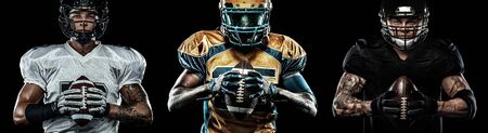 American football player, sportsman in helmet on dark background. Black and white photo. Sport wallpaper.の写真素材