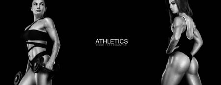 Sport concept. Black and white photo. A strong athletic, women isolated on black with dumbbells, wearing in the sportswear, fitness and sport motivation. Individual sports. Sports recreation.の写真素材