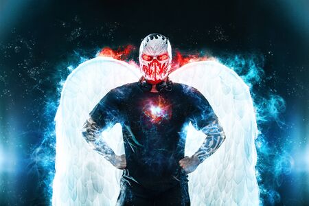 Mysterious man in black wear and skull mask with white wings. Fantasy book or computer game cover...