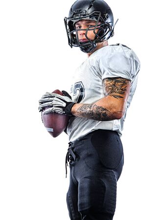 American Football player on stadium with smoke and lights.の写真素材