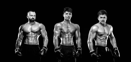 Boxing concept. Sport and fitness motivation. Individual sports recreation. Group of boxers in gloves isolated on dark background. Black and white photo.の写真素材