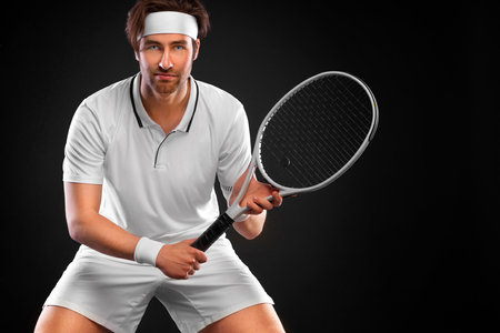 Tennis player with racket in white costume. Man athlete playing isolated on light background.の写真素材
