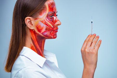 Cosmetic injection in the face. Young woman with half of face with muscles structure under skin. Model for medical training on a light background.の写真素材