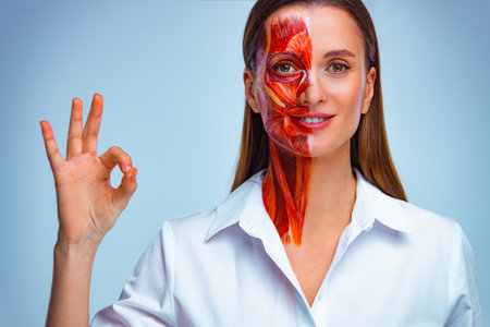 Happy young woman with half of face with muscles structure under skin with ok sign. Model for medical training on a light background.の写真素材