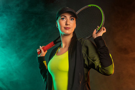 Tennis player with racket in sportswear. Woman athlete playing dark background.の写真素材