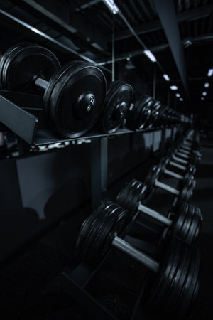 Rows of black dumbbells in the gym different weightsの写真素材