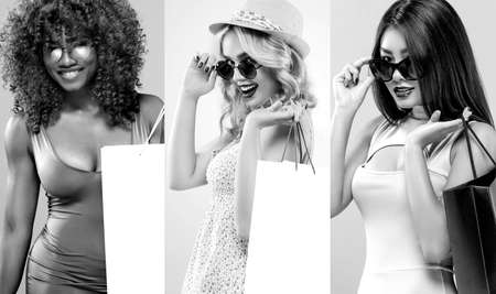 Black friday sale concept. Shopping woman holding bag isolated on white background in shopping center. Stories template for social media.の写真素材