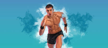 Runner concept. Athlete sprinter running on blue background. Fitness and sport motivation. Trail run.の写真素材