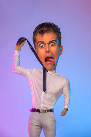 Funny caricature portrait of man with big head. manager wants to hang himself with a tie due to stress at workの写真素材
