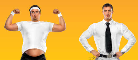 Awesome Before and After Weight Loss fitness Transformation. The man was fat but became athlet. Fat to fit concept.の写真素材
