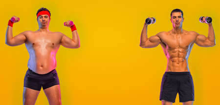 Man with dumbbells. Before and After Weight Loss fitness Transformation. Guy was fat but became athlet. Fat to fit concept.の写真素材