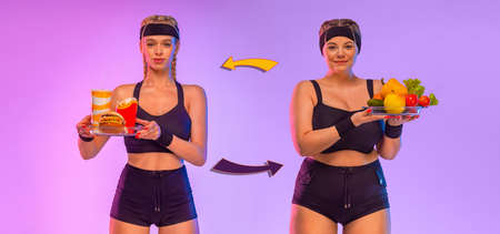 Fit to Fat. Girl, Size Plus Model is Eating Vegetables to Become fit. If you eat fast food, you will get fat. Meat versus vegetables. Idea for a social media post on the topic of dietetics.の写真素材