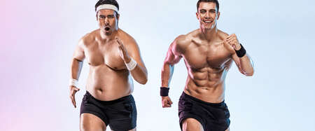 Before and After Weight Loss fitness Transformation. Fat to fit concept. Fat and feet men runs. Running sport man.の写真素材