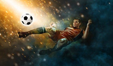 Football player. Soccer player. Man in football sportswear at the game in action with ball. Sport concept.の写真素材