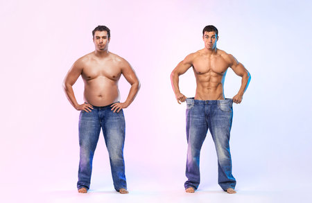 Before After Weight Loss fitness Transformation. The man was fat but became athlet. Fat to fit concept.の写真素材