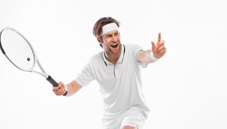 Tennis player on a white background. Sports betting app ad. Download a photo for advertising tennis in a magazine, in the news on the website, on the billboard in social networks.の写真素材