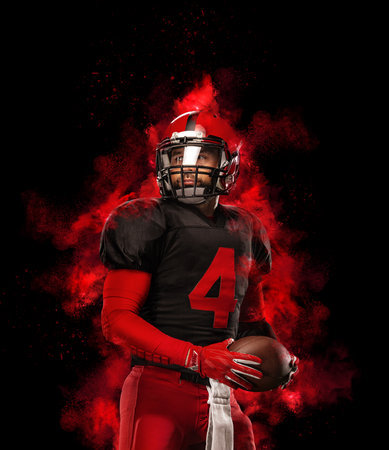 American football player banner. Template for a sports magazine on the theme of American football with copy space. Mockup for betting advertisement.の写真素材