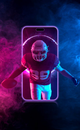 American football player banner with neon lights. Template for a sports magazine on the theme of American football with copy space. Mockup for betting advertisement.の写真素材