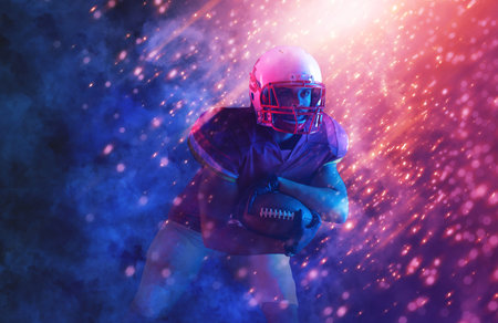 American football player banner with neon colors. Template for bookmaker ads with copy space. Mockup for betting advertisement. Sports betting, football betting, gambling, bookmaker, big winの写真素材