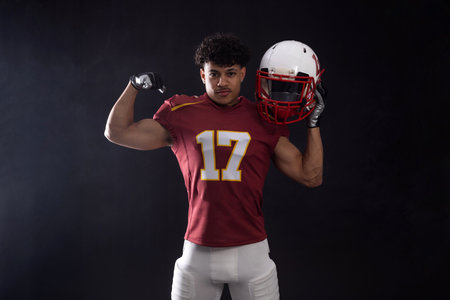 American football player teenager. Banner with neon colors. Template for bookmaker ads with copy space. Mockup for betting advertisement. Sports betting, football betting, gambling, bookmaker, big winの写真素材