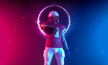 American football player banner in neon lights. Template for bookmaker ads with copy space. Mockup for betting advertisement. Sports betting, football betting, gambling, bookmaker, big winの写真素材
