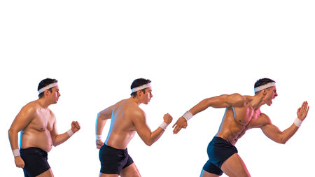 Run. Never give up. Fat man jogging to slim shape isolated on white background. Guy running to lose weight and become a athlete. Before and After Weight Loss fitness Transformation. Fat to fit conceptの写真素材