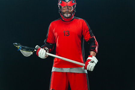 Lacrosse player, athlete. Download photo for sports betting advertisement. Website header. Sports and motivation wallpaper.の写真素材