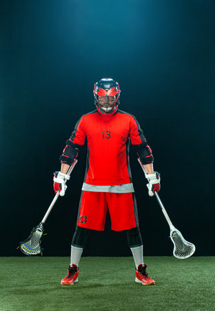 Lacrosse player, athlete. Download high resolution photo for sports betting advertisement. Sport and motivation.の写真素材