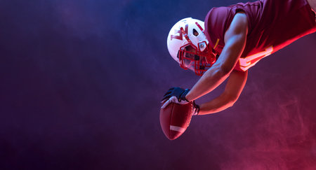 American football player in motion banner with neon colors. Template for bookmaker ads with copy space. Mockup for betting advertisement. Sports betting, football betting, gambling, bookmaker big winの写真素材