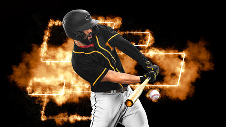 Baseball player with bat taking a swing on grand arena. Ballplayer on dark background in action.の写真素材