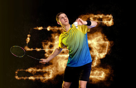 Badminton player in neon lights. Download a photo of a Badminton player for a racket packaging design. Image for Badminton box template.の写真素材